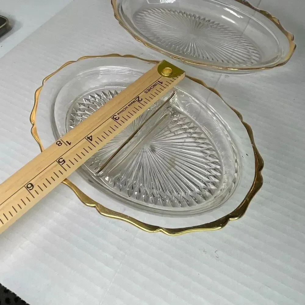 Lot of 2 Midcentury starburst pattern gold trimmed relish dishes